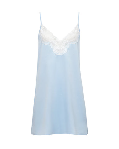 Isabella Luxus-Satin kurzes Negligé Eiswasserblau/Weiß