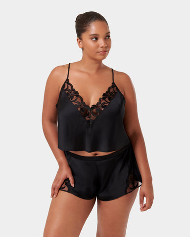 Leonora luxuriöses Camisole und Shorts Set aus Satin Schwarz