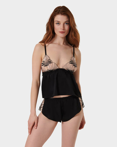 Katerine Luxus-Satin-Camisole- und Short-Set in Schwarz/Perlweiß/Transparent